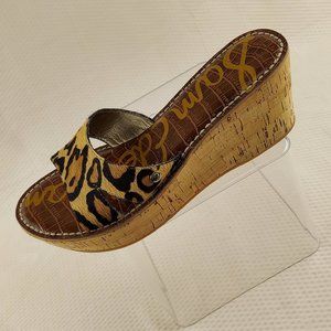 Sam Edelman Leopard Print Fur Textured Cork Platform Wedge Sandals Size 7.5M